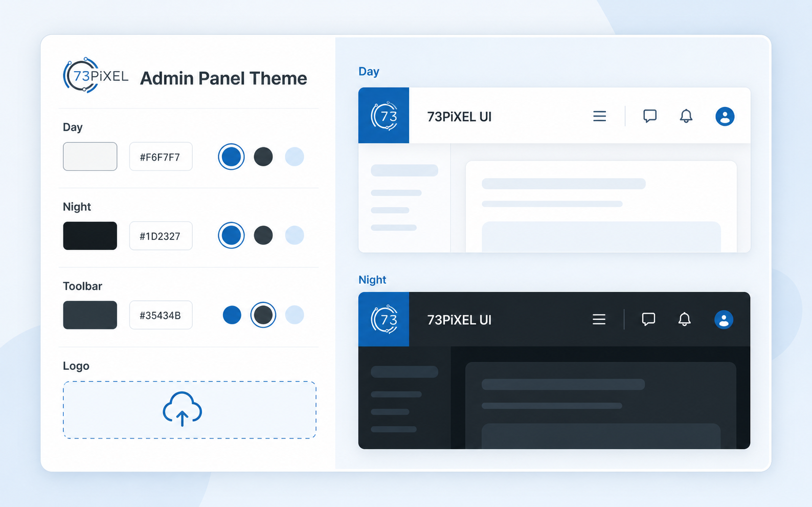 73PiXEL UI admin theme and color controls