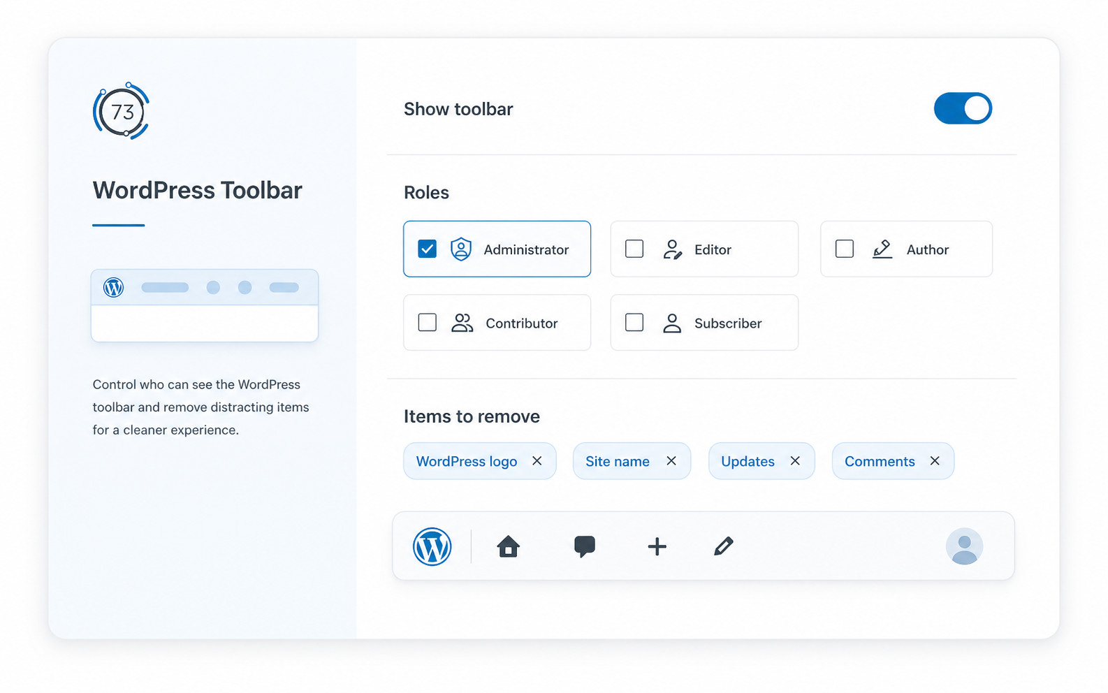 73PiXEL UI toolbar and branding controls